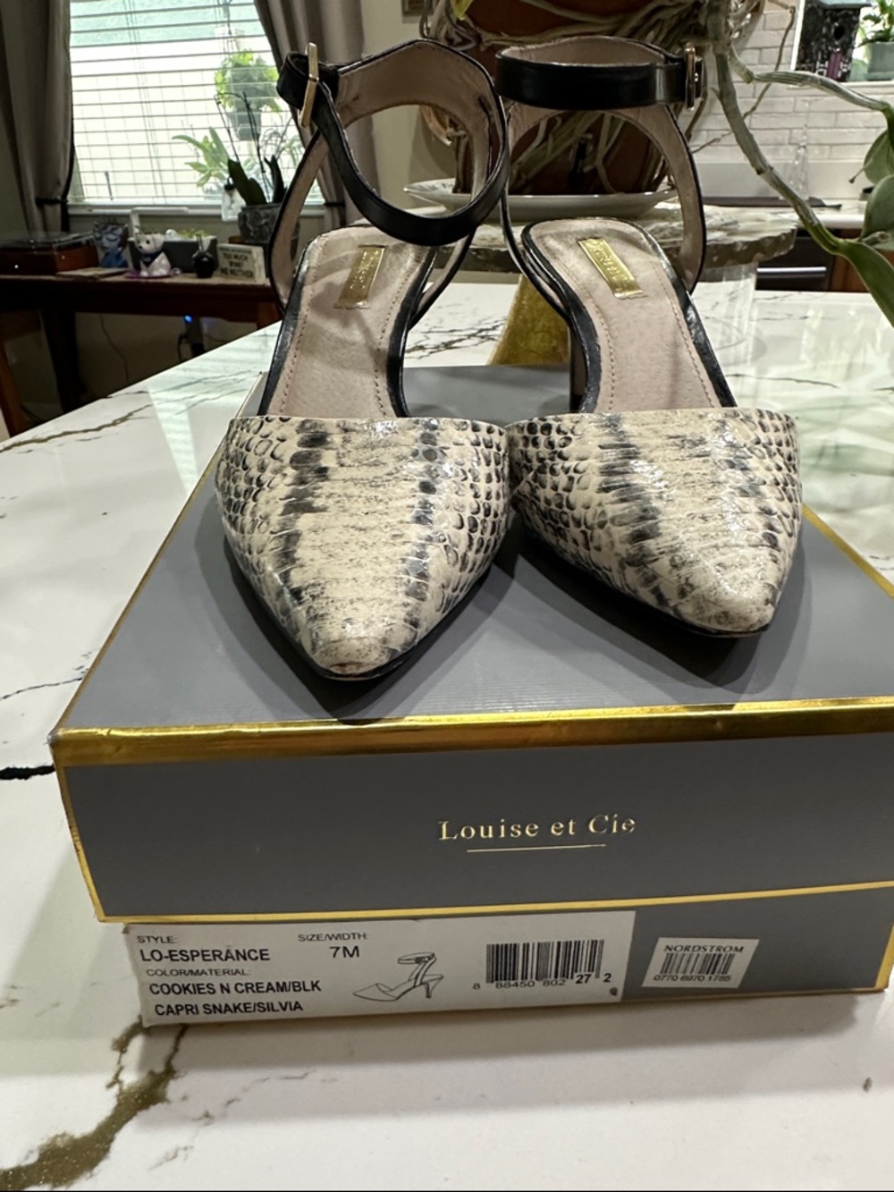 Louise et Cie Pointed Snake-Print Ankle-Strap Pumps in Cream and Black